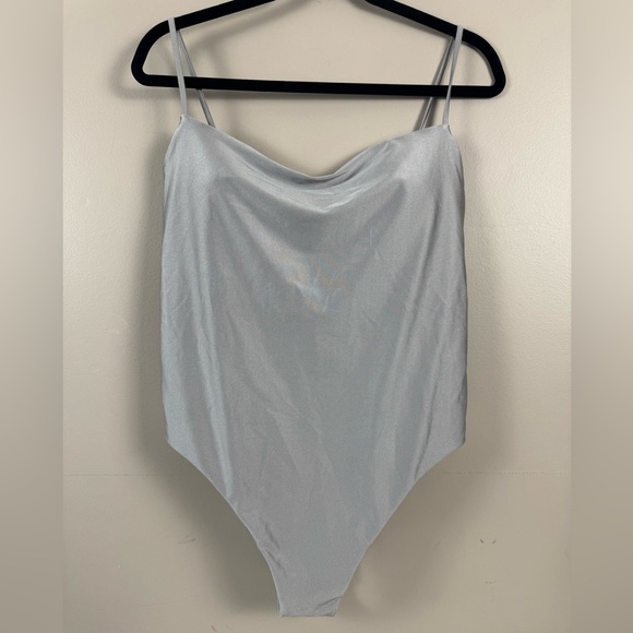 NWT Square Neck High Leg Cheeky Sleek Silver One Piece Swimsuit XL 16 Minimalist - Picture 7 of 13